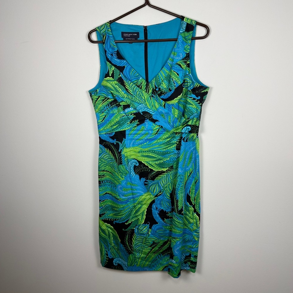Jones New York Signature Blue Green‎ Tropical Paisley Sheath Dress Size 10